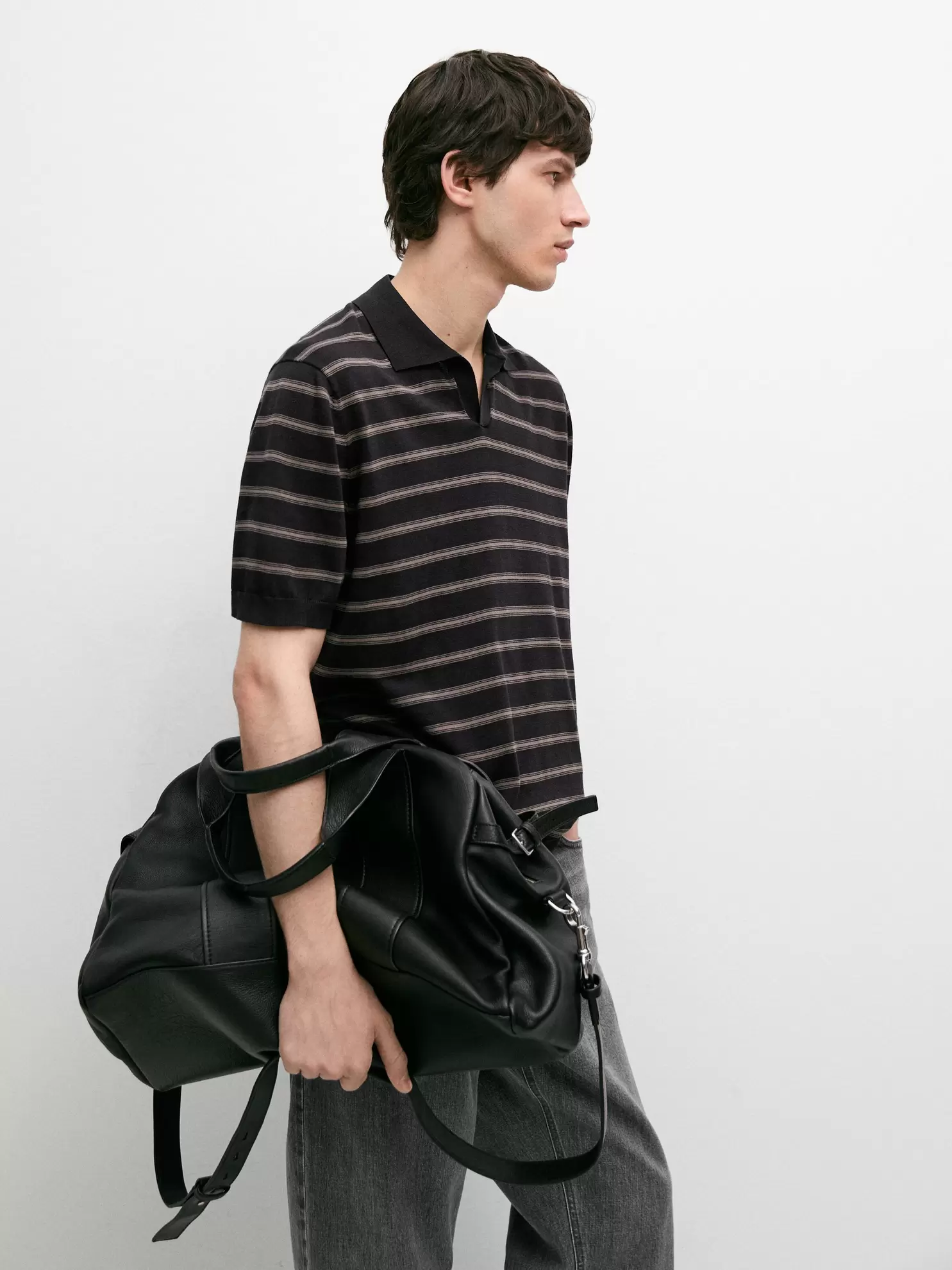 Knit polo sweater with contrast stripes