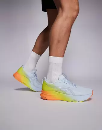 Asics Gel-Kayano 32 Sunny Sizzle trainers in sky blue and lemon yellow