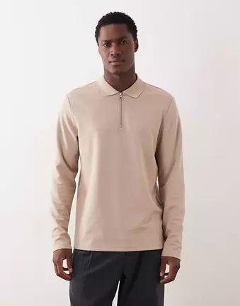 ASOS DESIGN breatheMAX™ heavyweight regular fit long sleeve zip polo in stone cotton blend