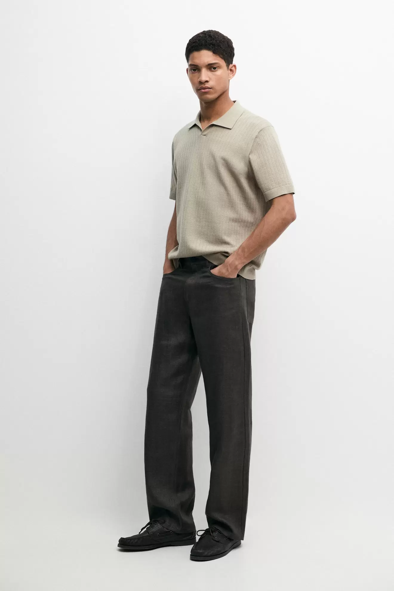 Cotton blend knit V-neck polo sweater