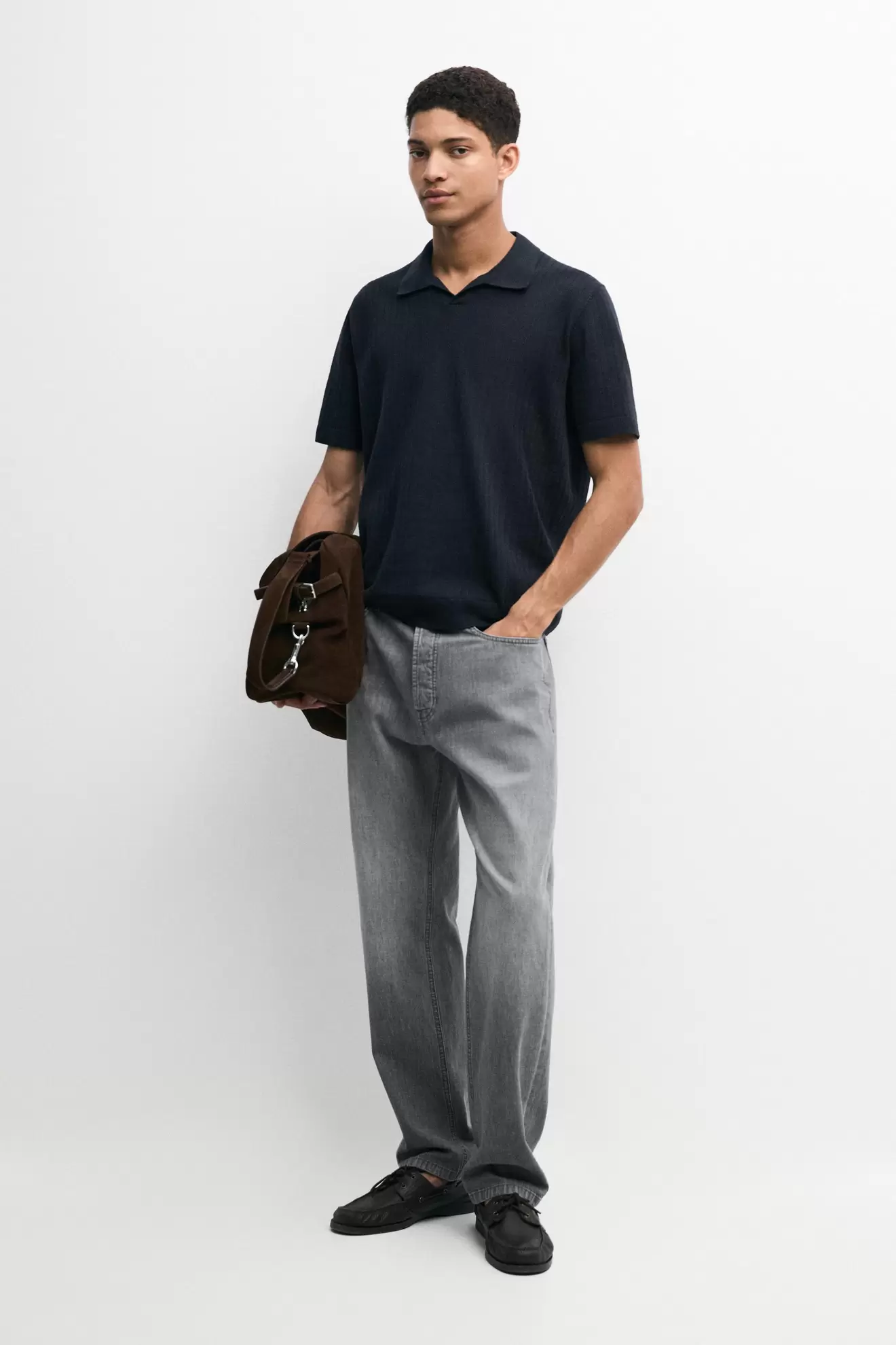 Cotton blend knit V-neck polo sweater