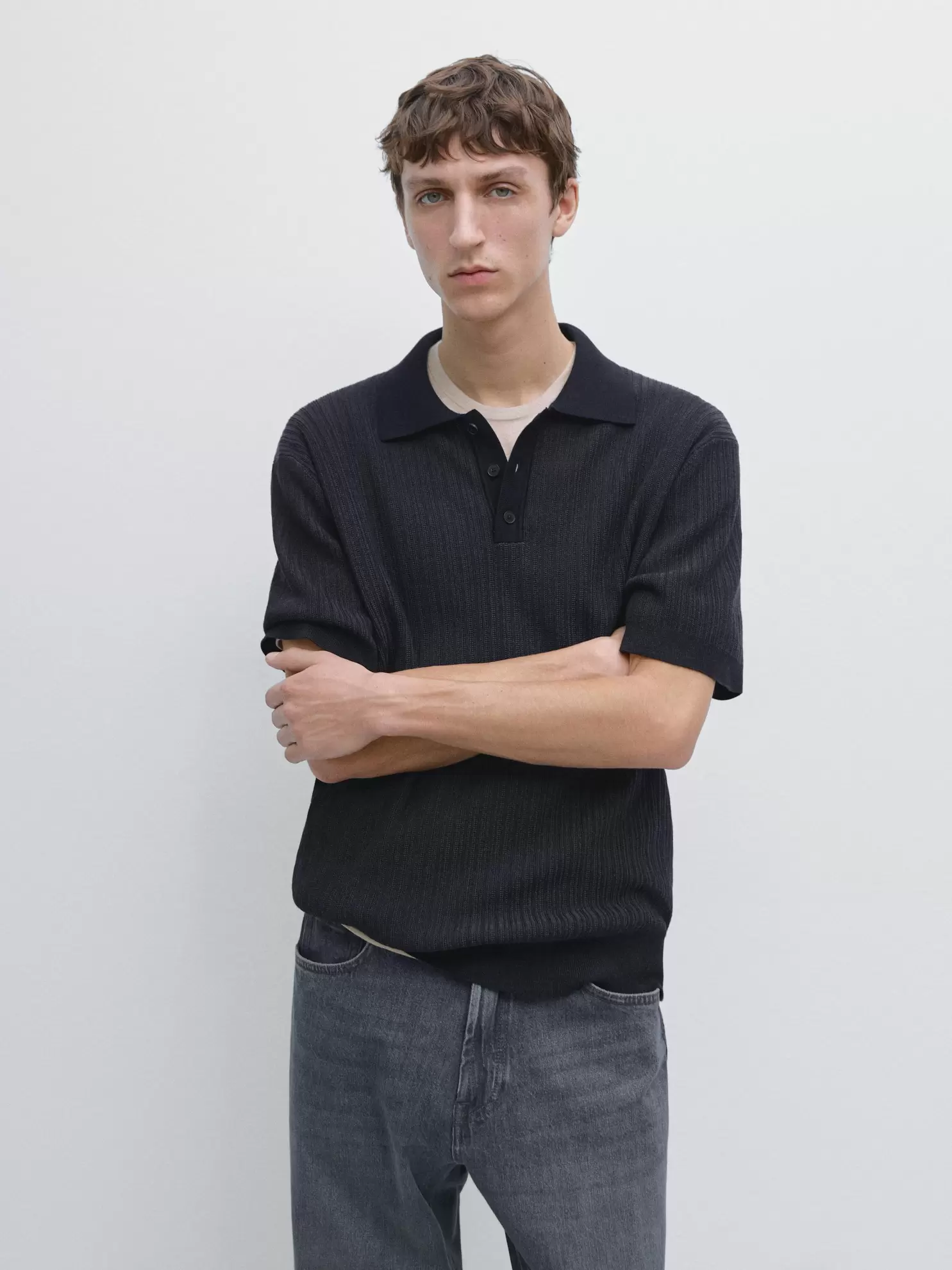Short sleeve textured knit polo shirt