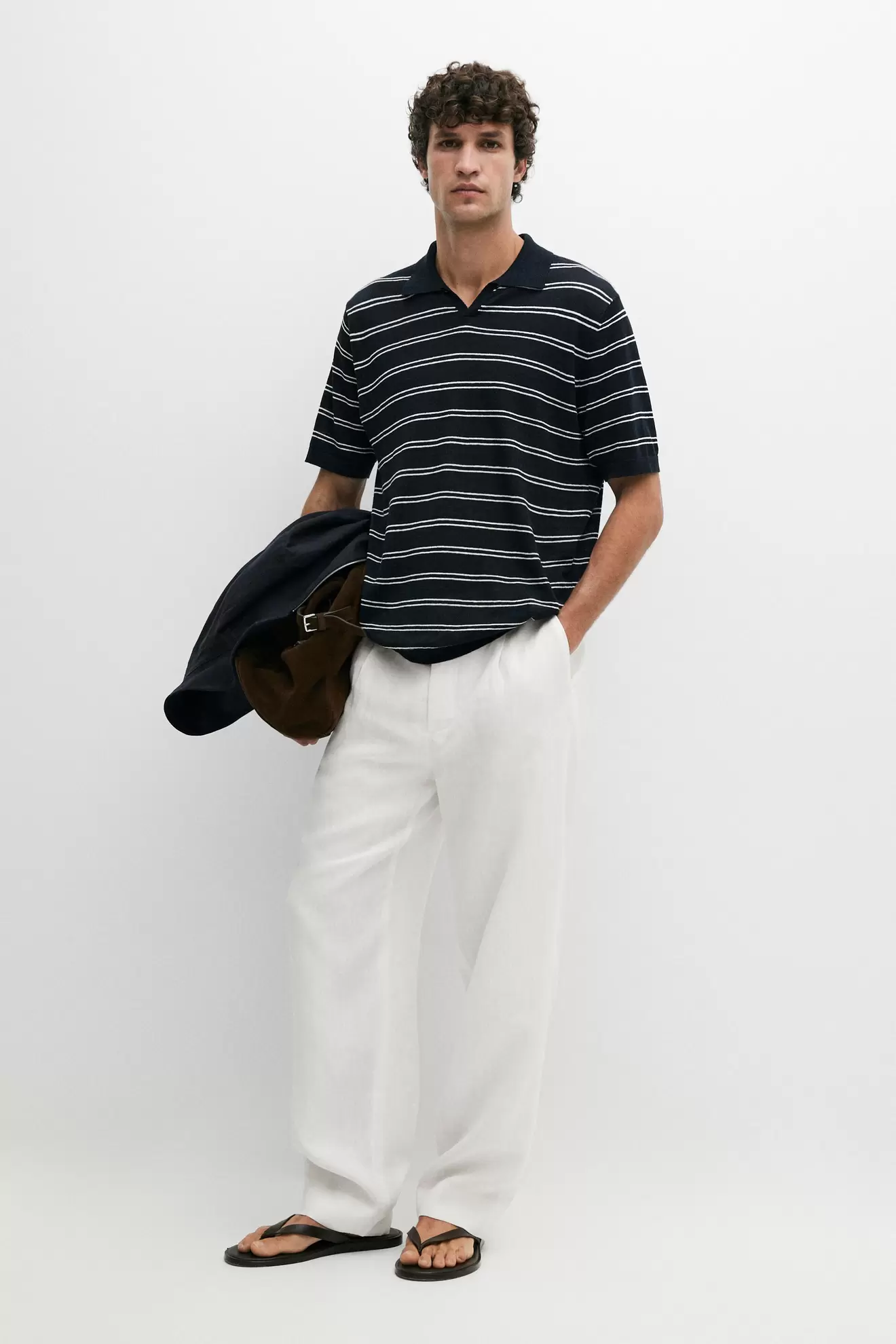 Striped 100% linen V-neck polo shirt