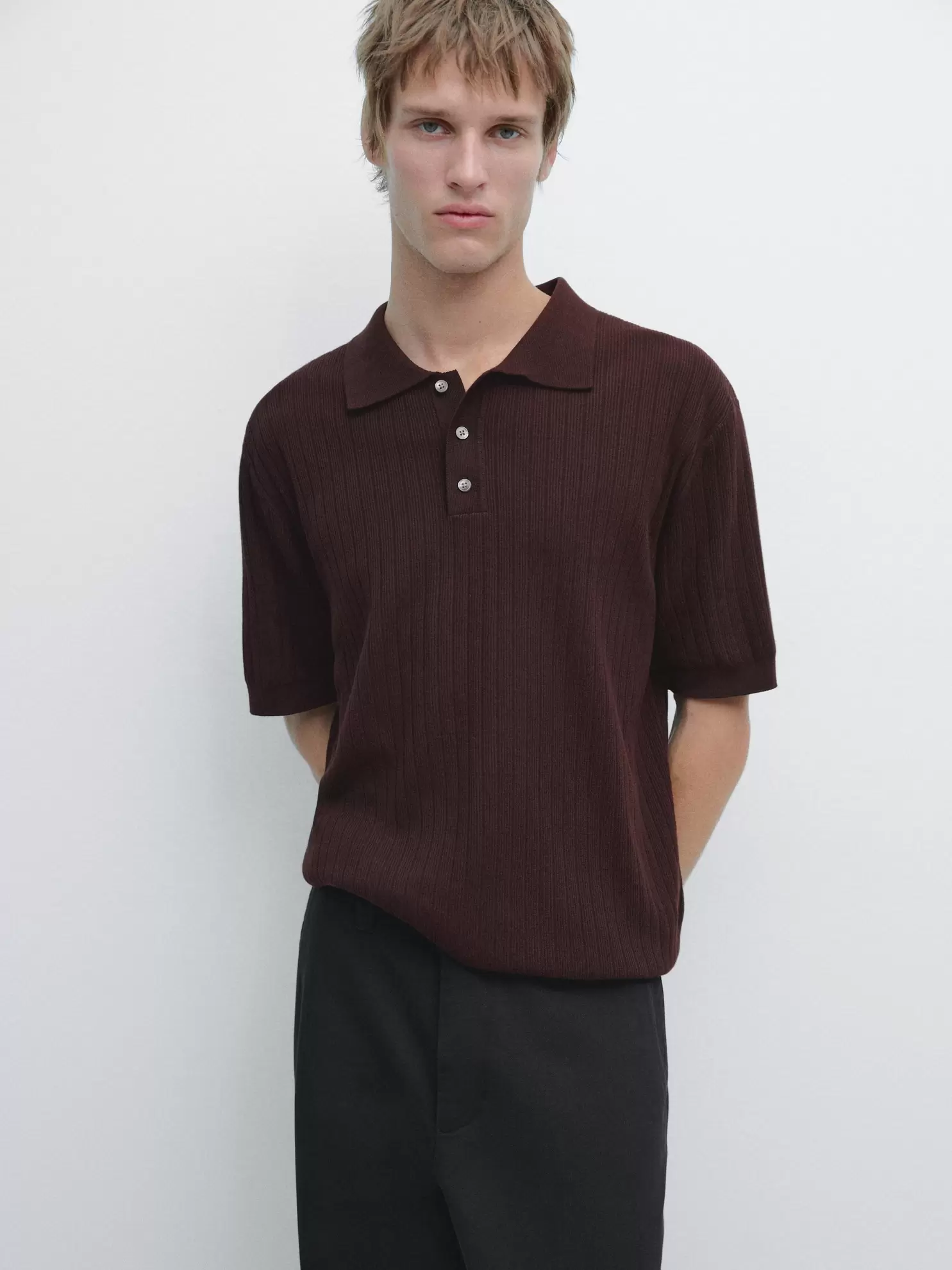 Ribbed knit cotton polo shirt