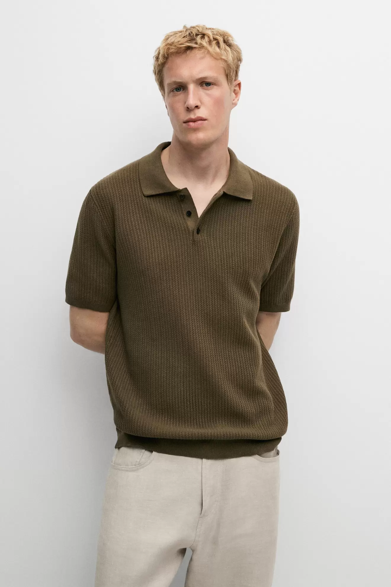 100% cotton textured knit polo sweater