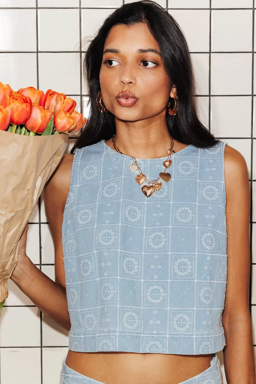 Embroidered denim crop top