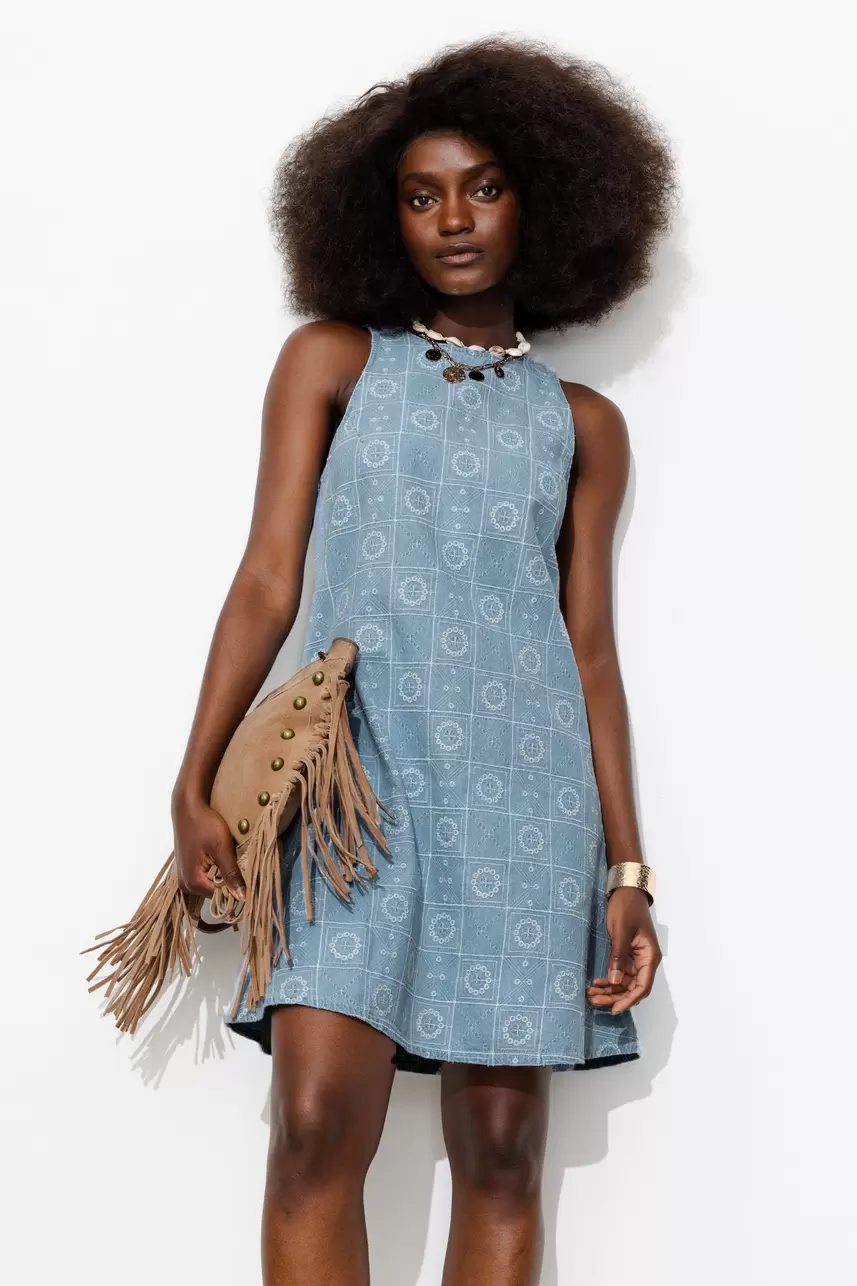 Short embroidered denim dress