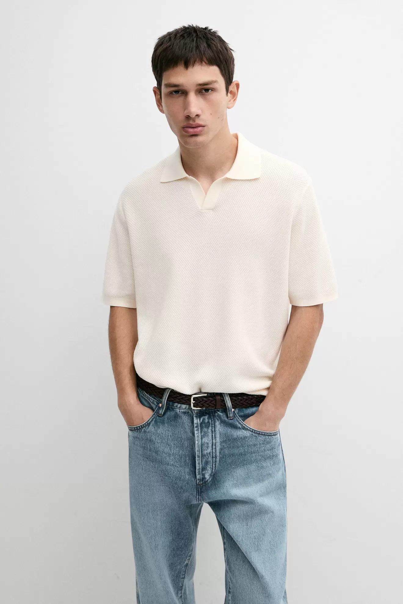 Cotton blend knit V-neck polo shirt