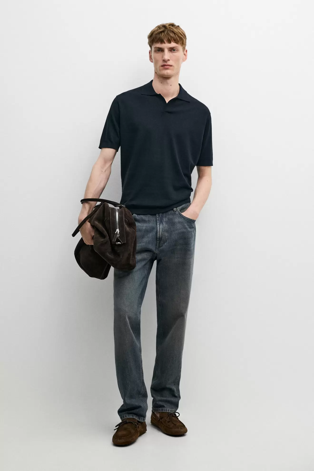 Cotton and linen knit polo sweater