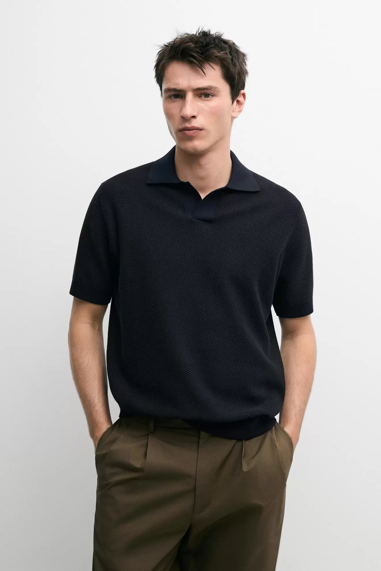 100% cotton textured knit polo sweater