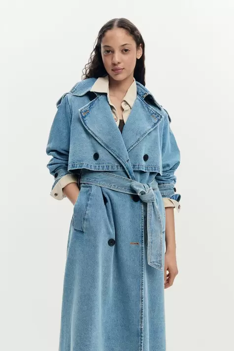Denim trench coat with belt
