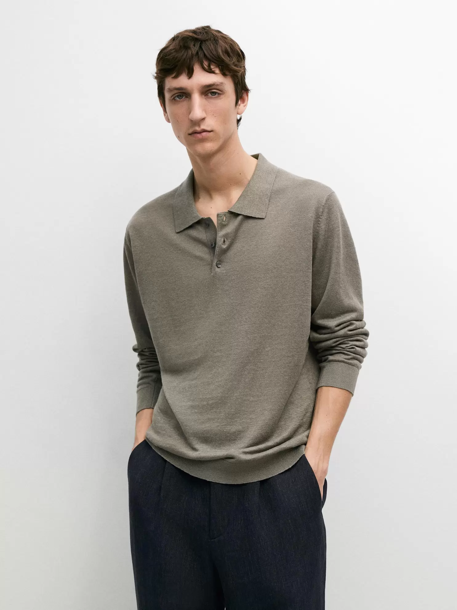 100% linen knit polo collar sweater