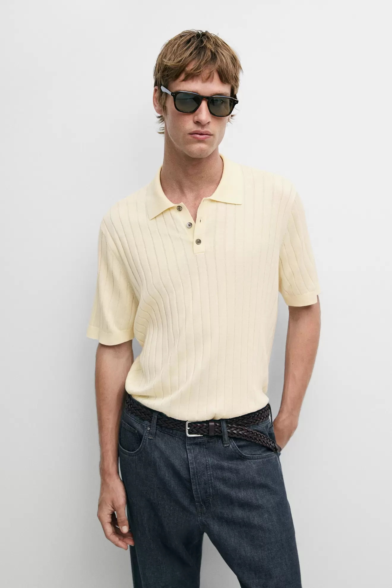 Ribbed knit cotton blend polo shirt