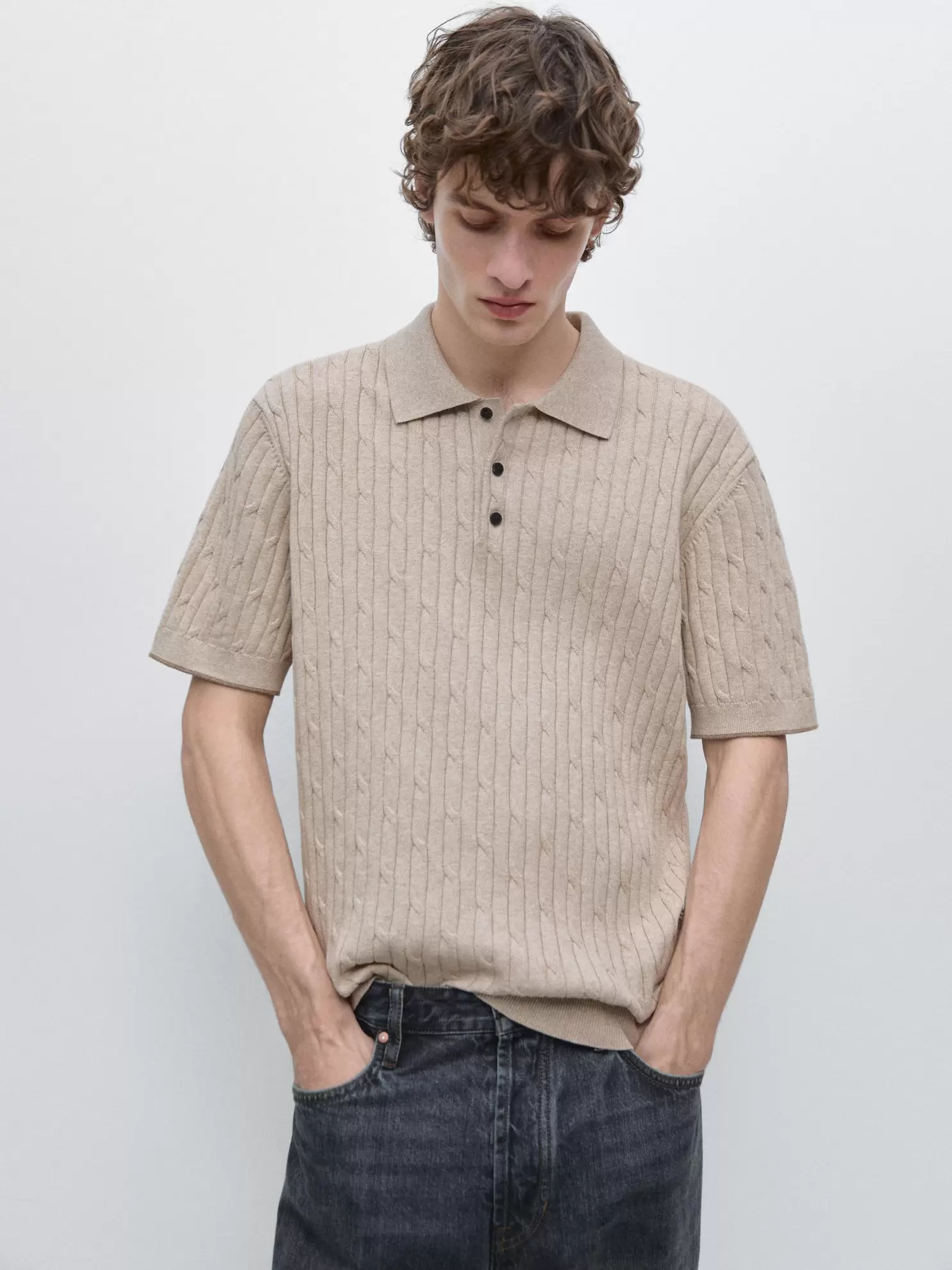 Cotton blend cable-knit polo sweater