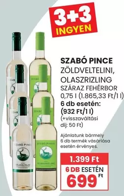 SZABÓ PINCE ZÖLDVELTELINI, OLASZRIZLING SZÁRAZ FEHÉR BORT