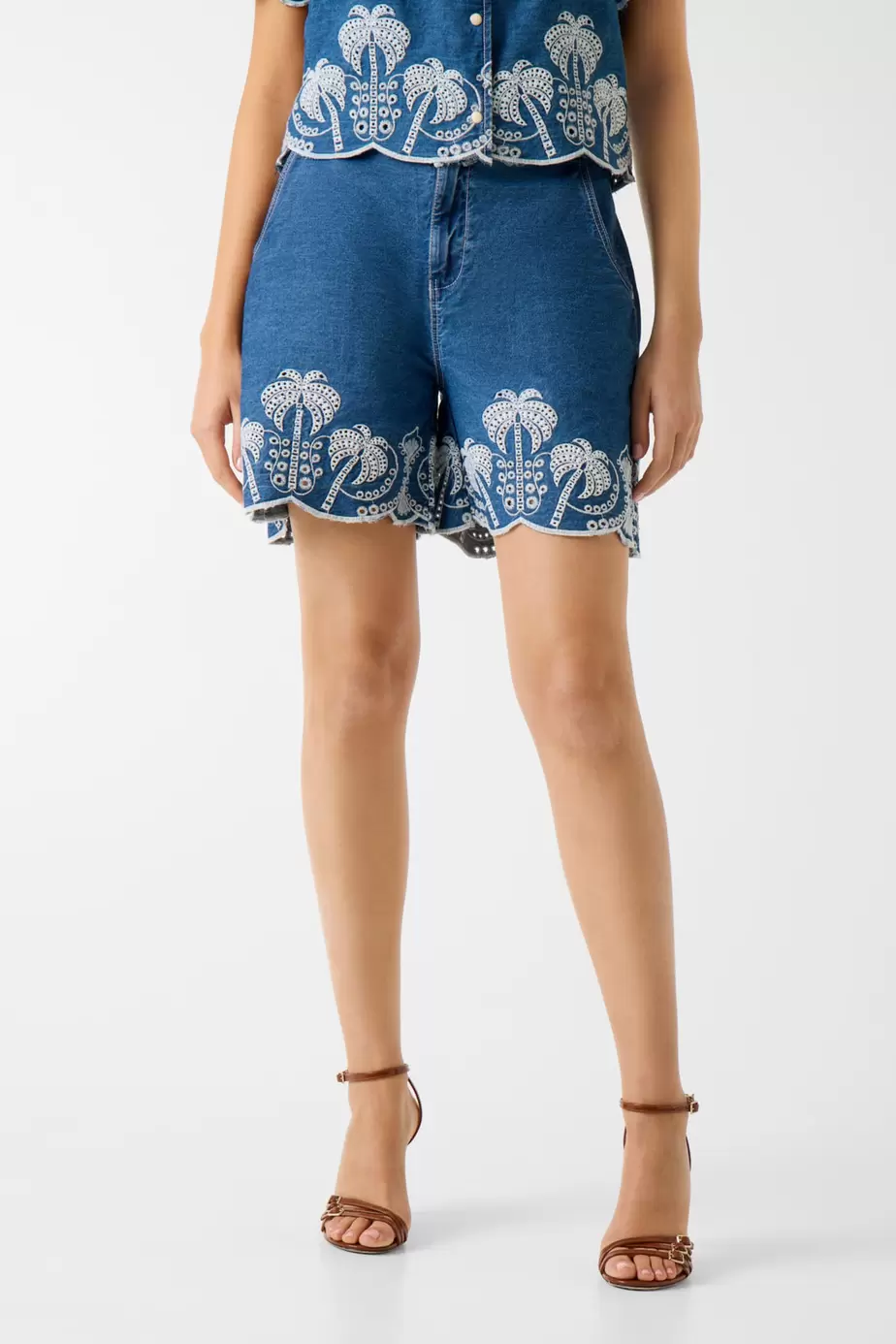 Embroidered denim shorts