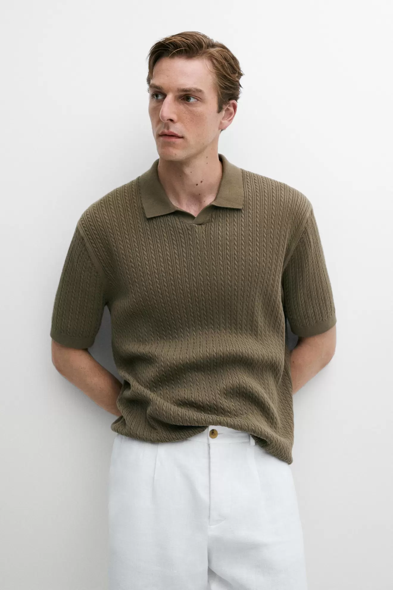 100% cotton cable-knit polo sweater