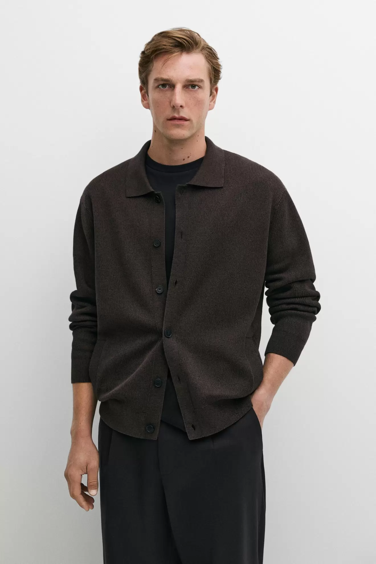 100% cotton polo collar knit cardigan