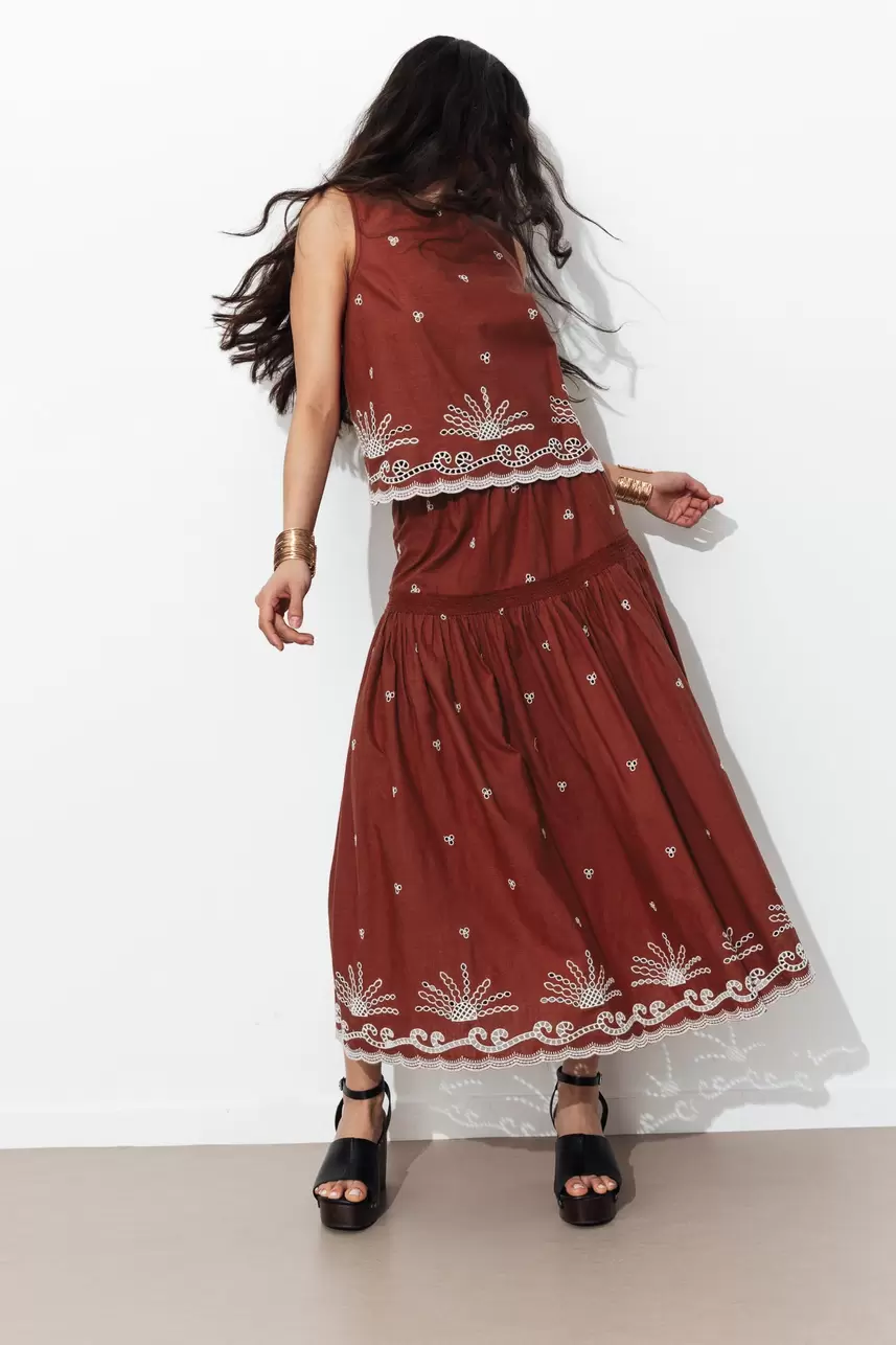 Embroidered midi flared skirt