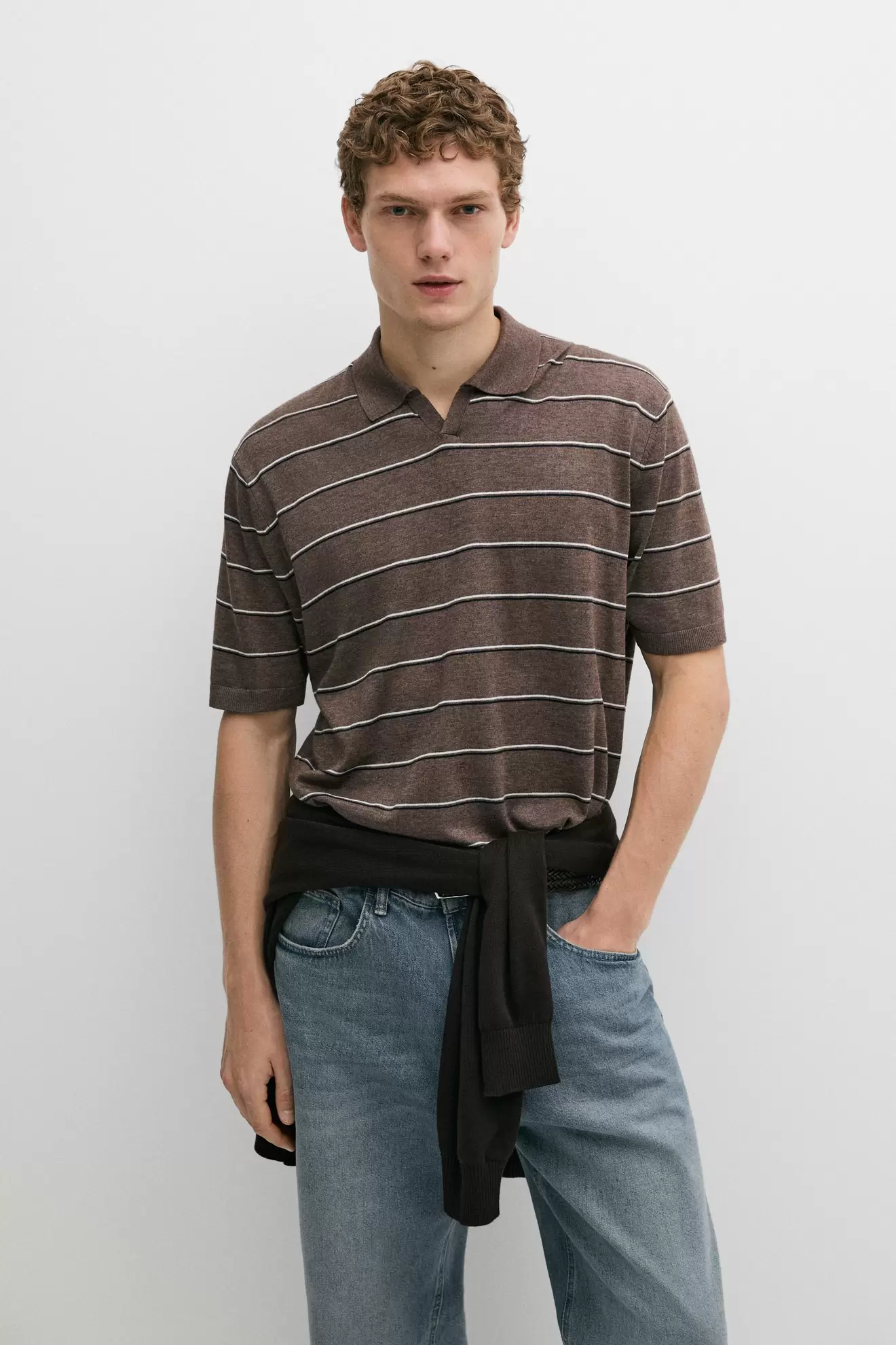 Striped knit V-neck polo shirt