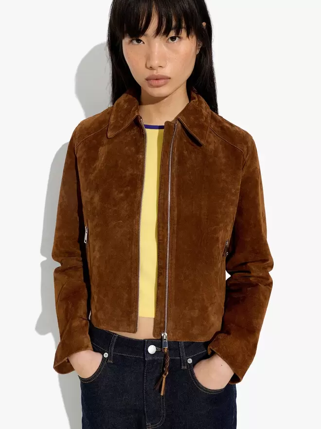 Leather coat with zipper closure