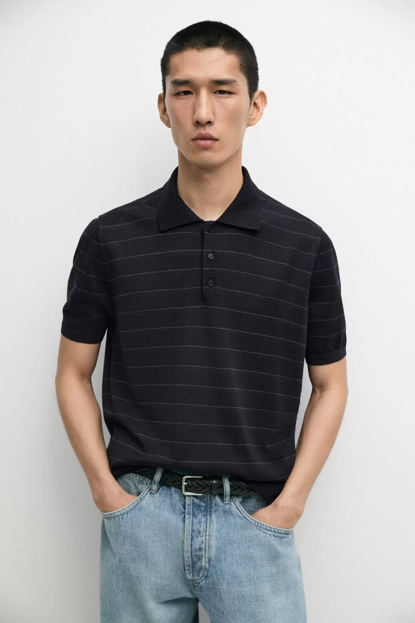 Striped short sleeve knit polo sweater
