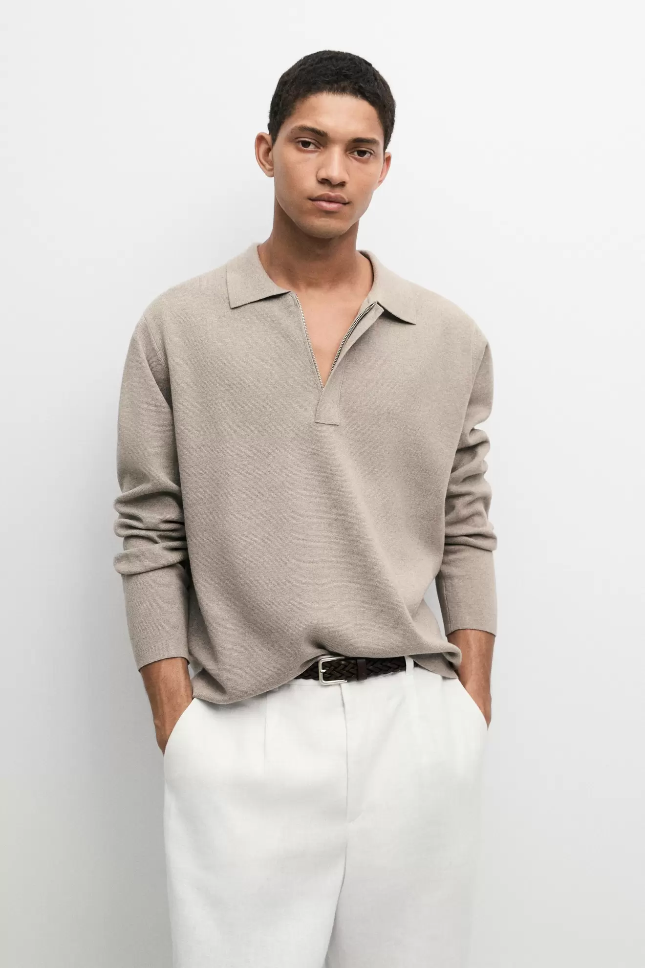 Cotton blend zip-up knit polo sweater