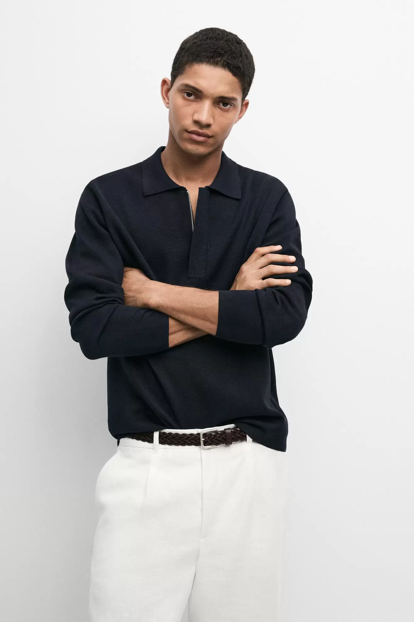 Cotton blend zip-up knit polo sweater