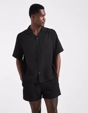 ASOS DESIGN co-ord linen look relaxed revere shirt in black