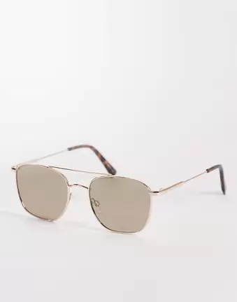 ASOS DESIGN metal aviator sunglasses in gold frame with brown lens