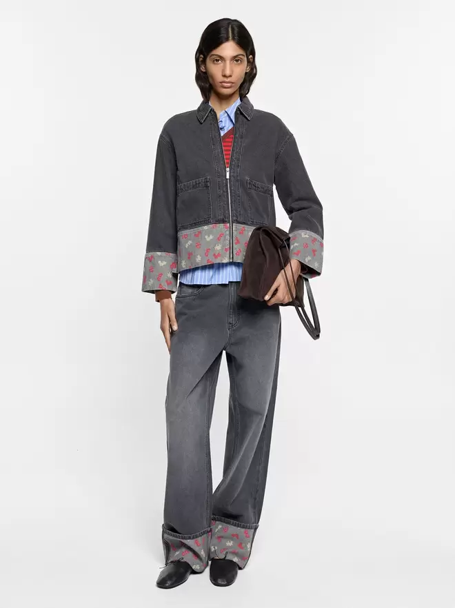 Denim blouse with printed cuff