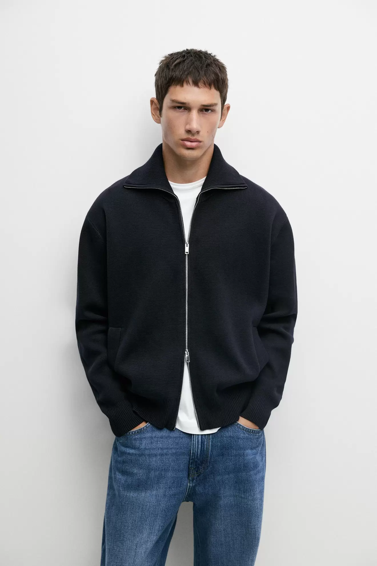 100% cotton zip-up knit cardigan