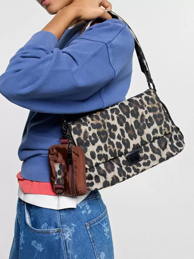 Nylon shoulder bag with animal print