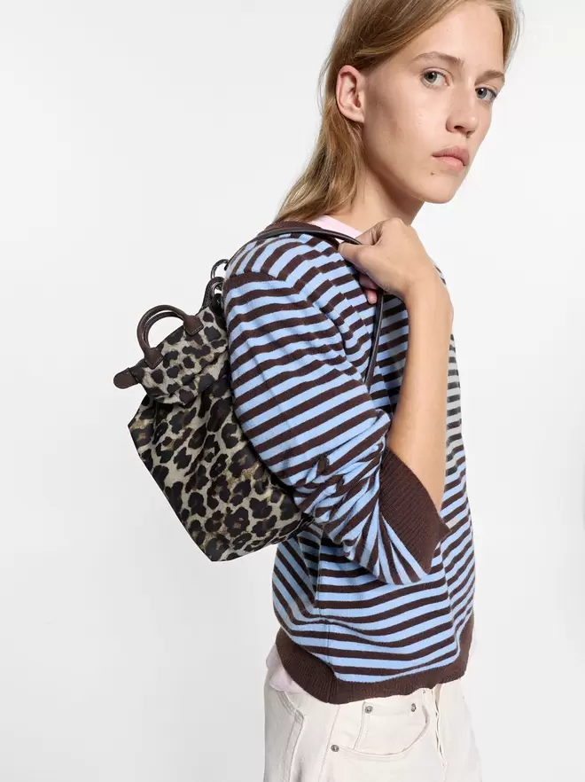 Animal-print nylon shoulder bag with charm