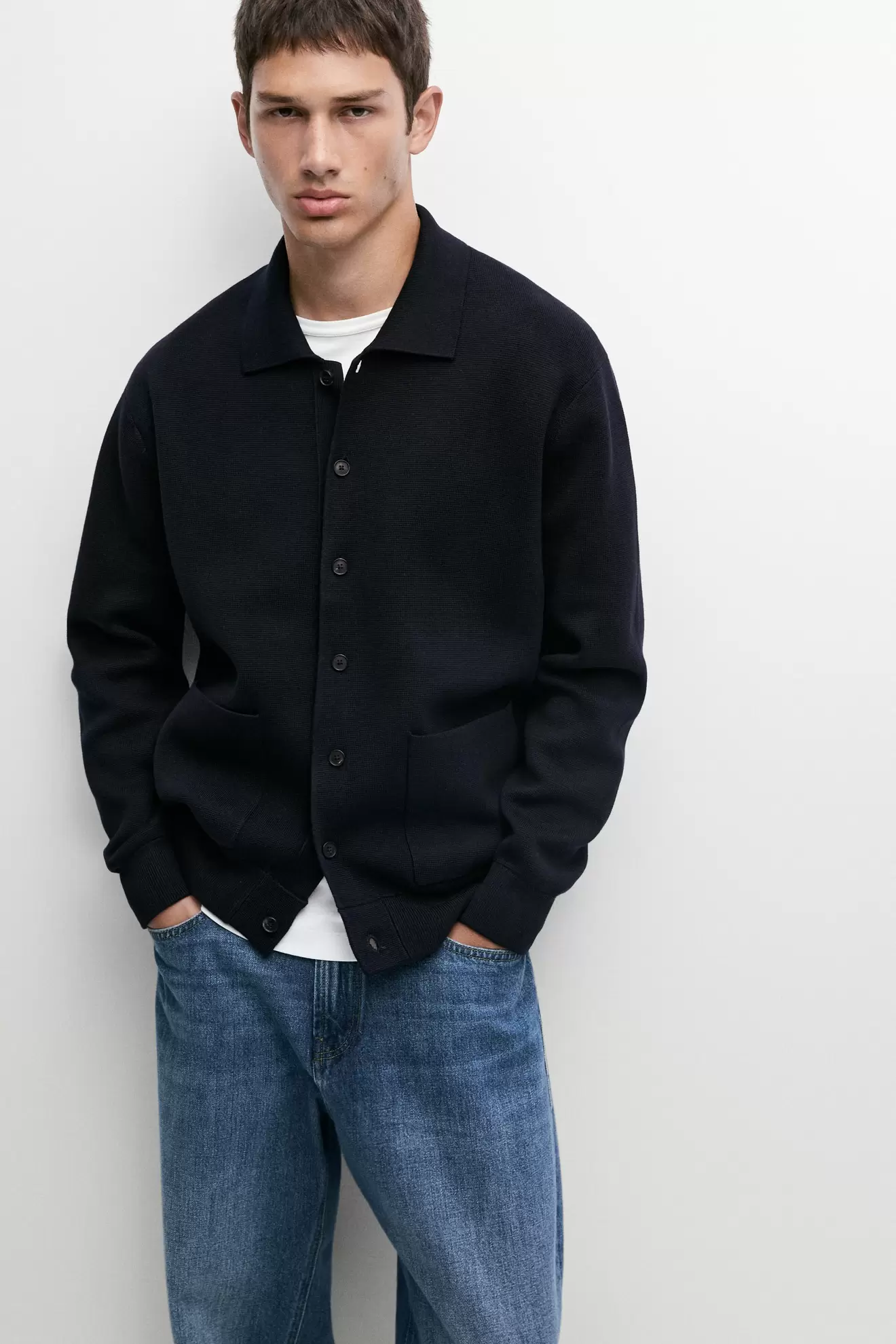 100% cotton knit polo collar cardigan