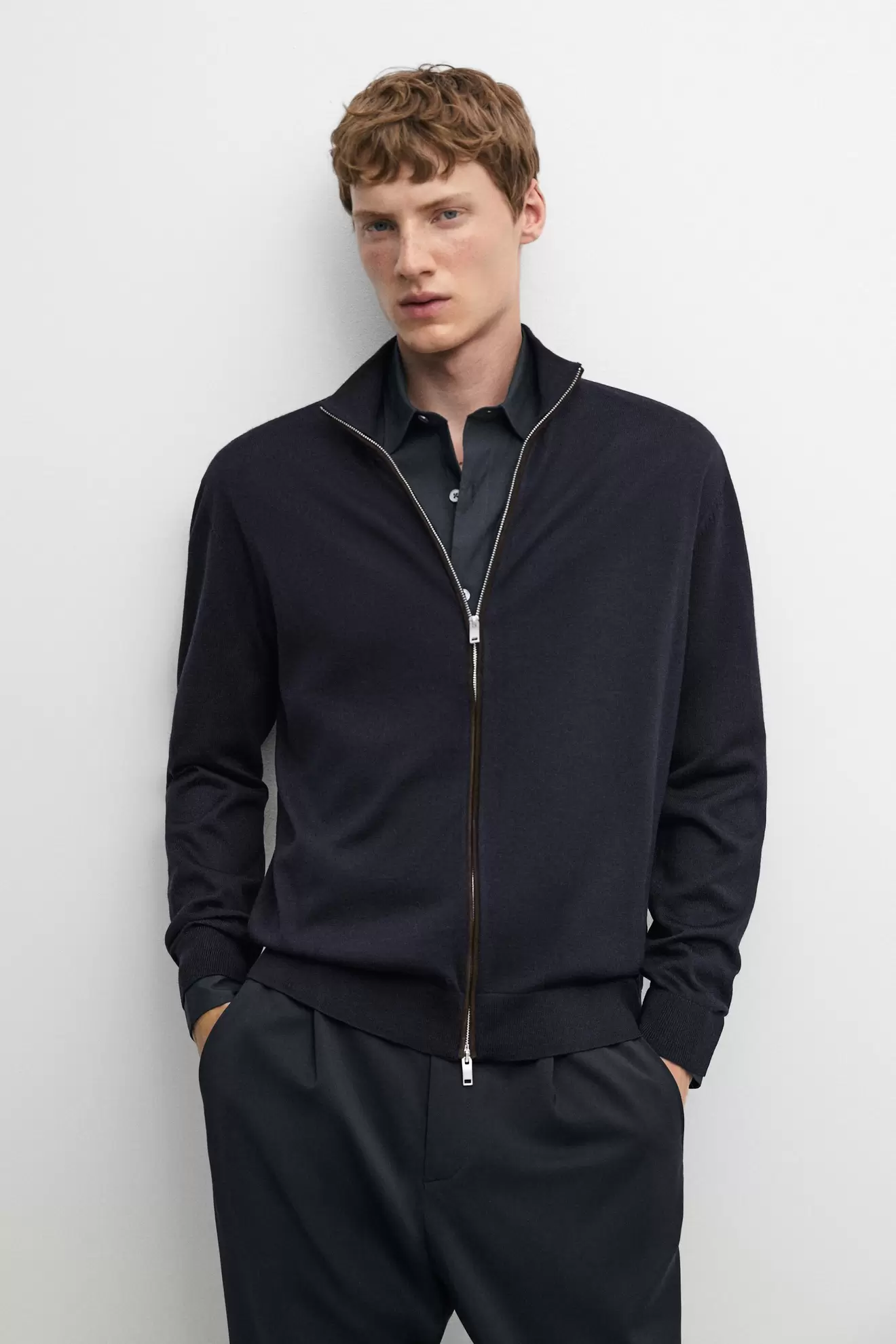 Merino wool blend zip-up knit cardigan