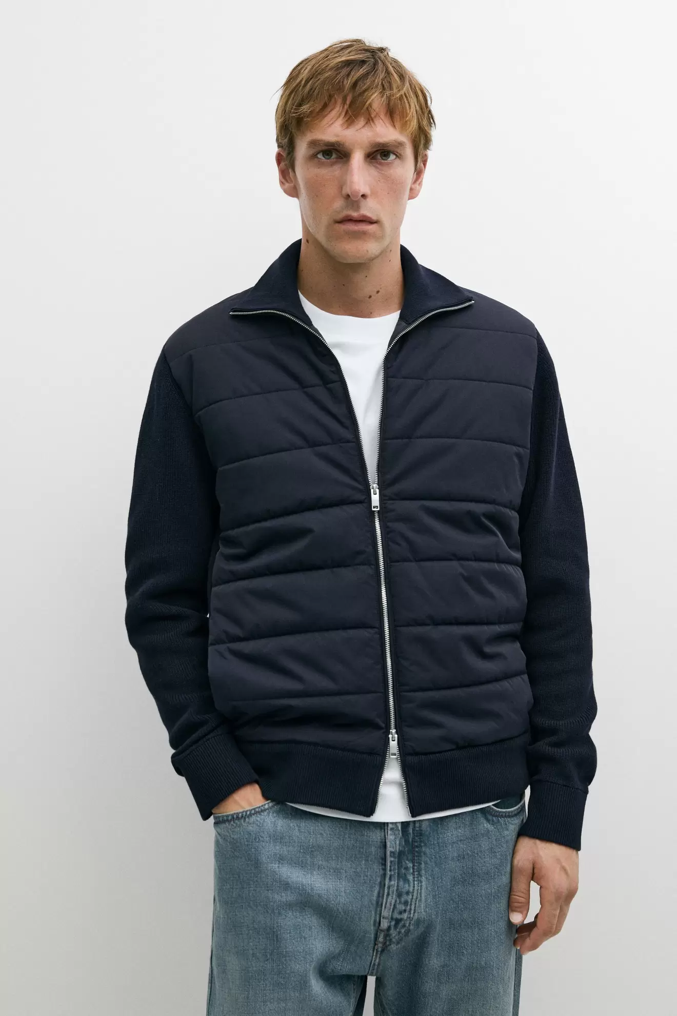 High neck mixed fabric cardigan