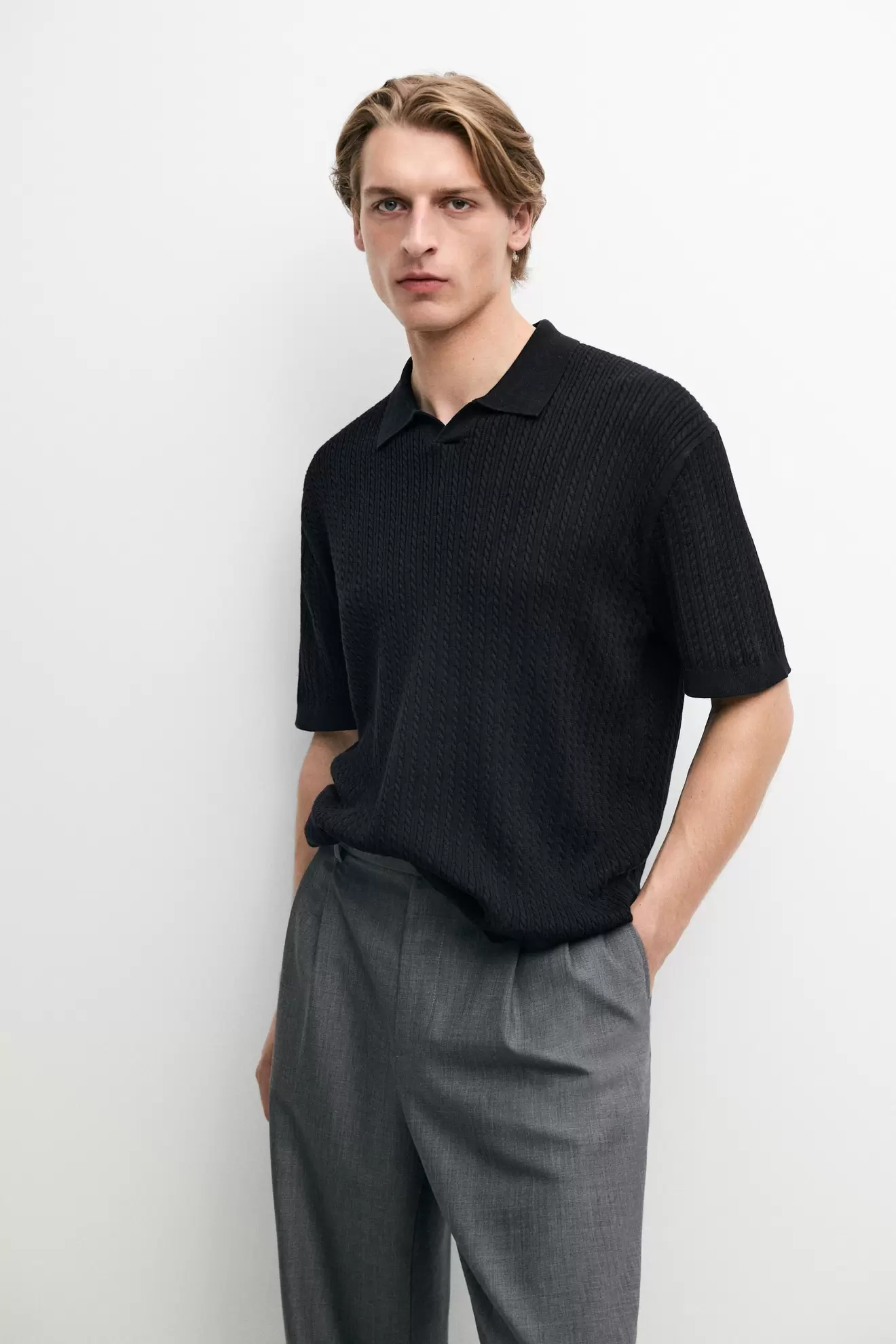 100% cotton cable-knit polo sweater
