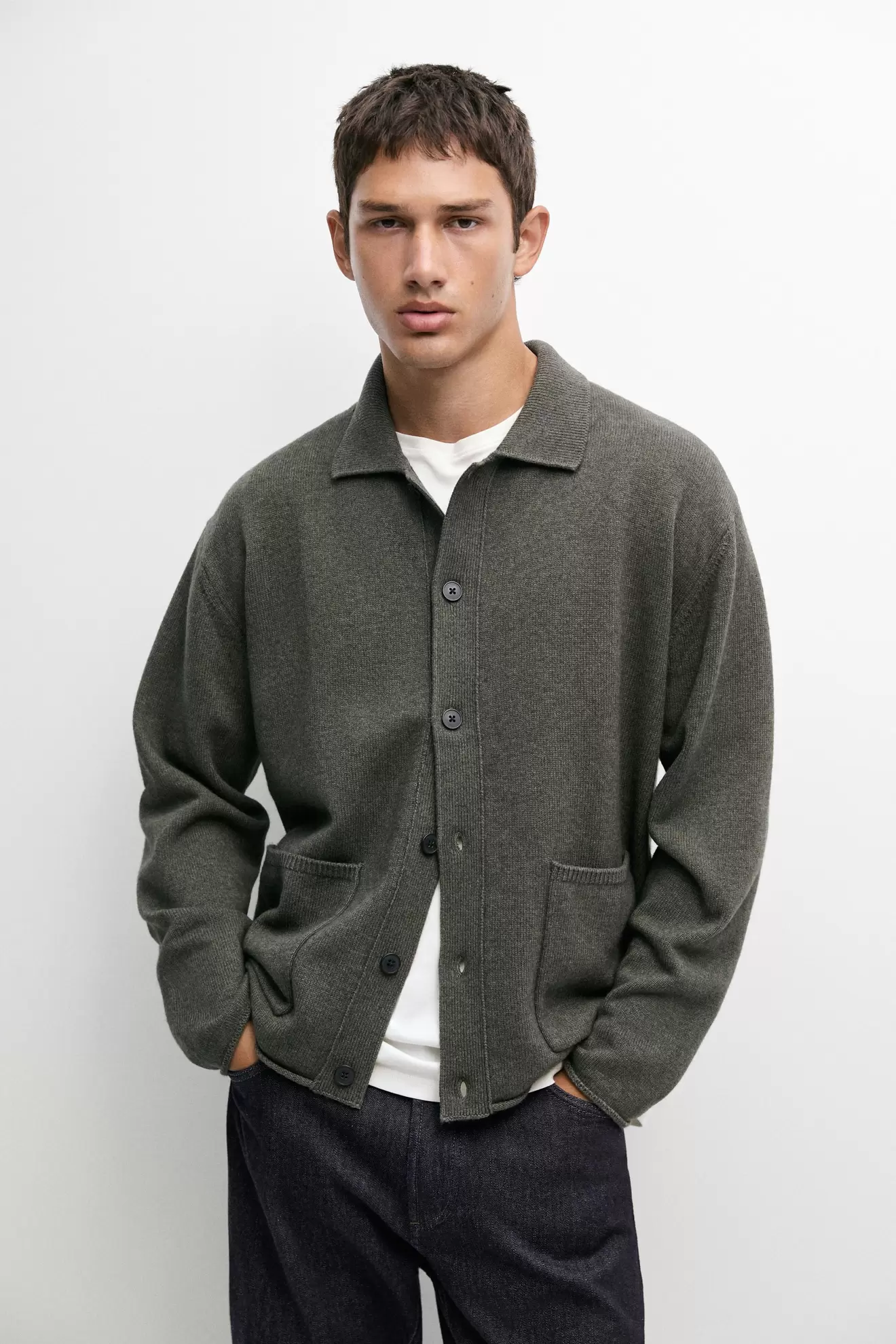 Wool blend polo collar cardigan