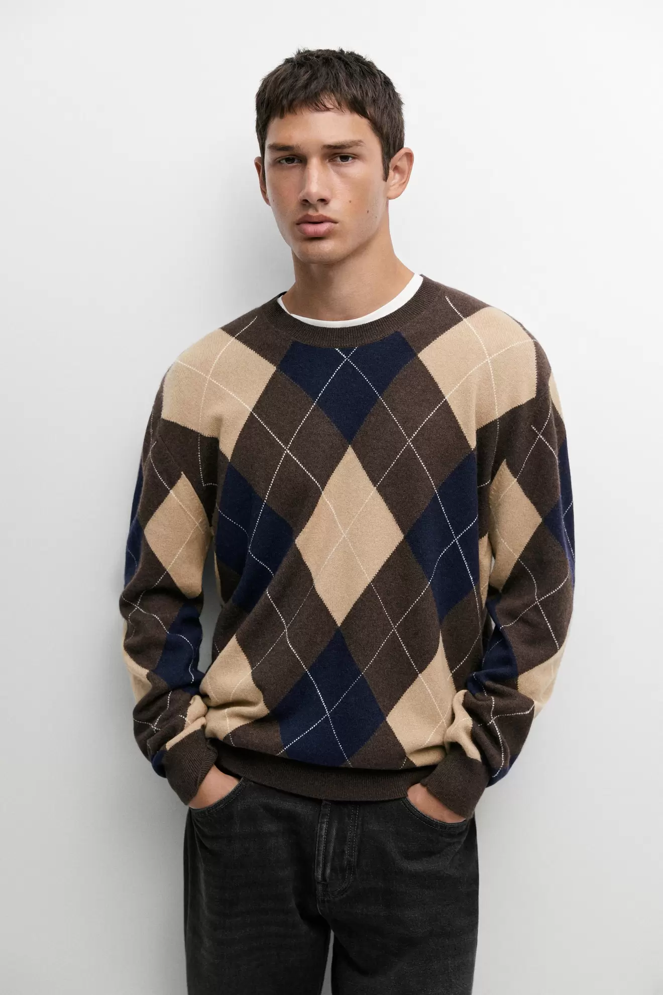 Wool-blend Argyle knit sweater