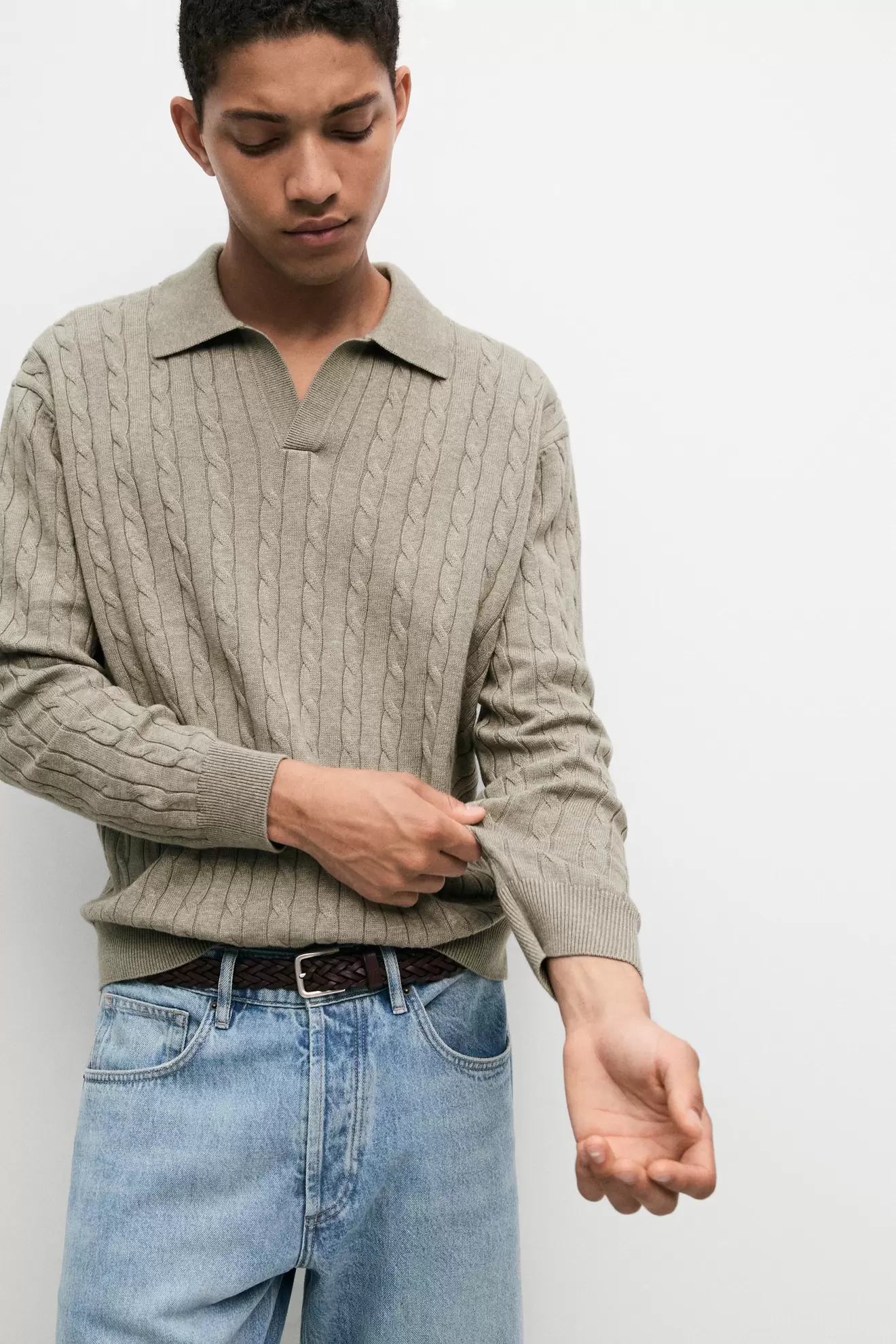 100% Cotton Cable-Knit Polo Sweater