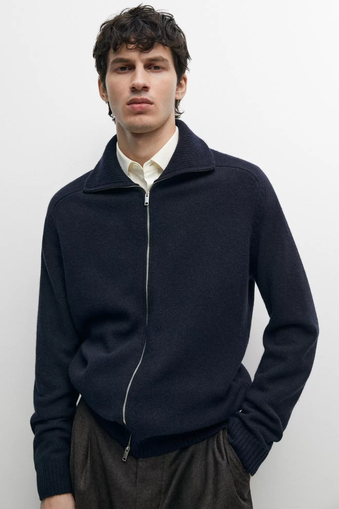 Wool blend zip-up knit cardigan