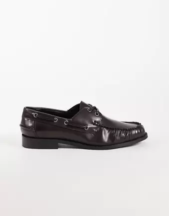 ASOS DESIGN lace up boat shoes with ruching in burgundy