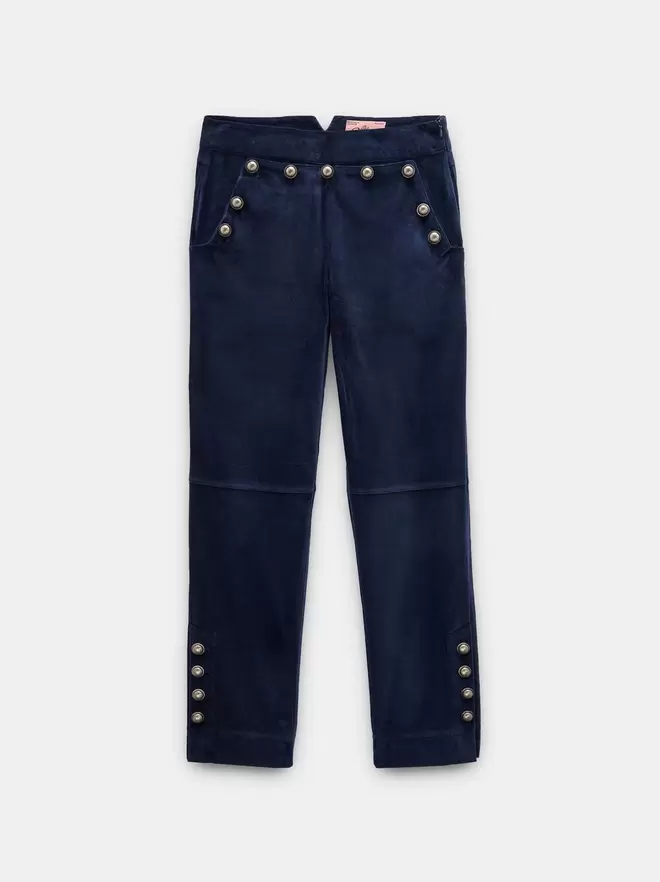 Velvet-effect trousers with metal buttons