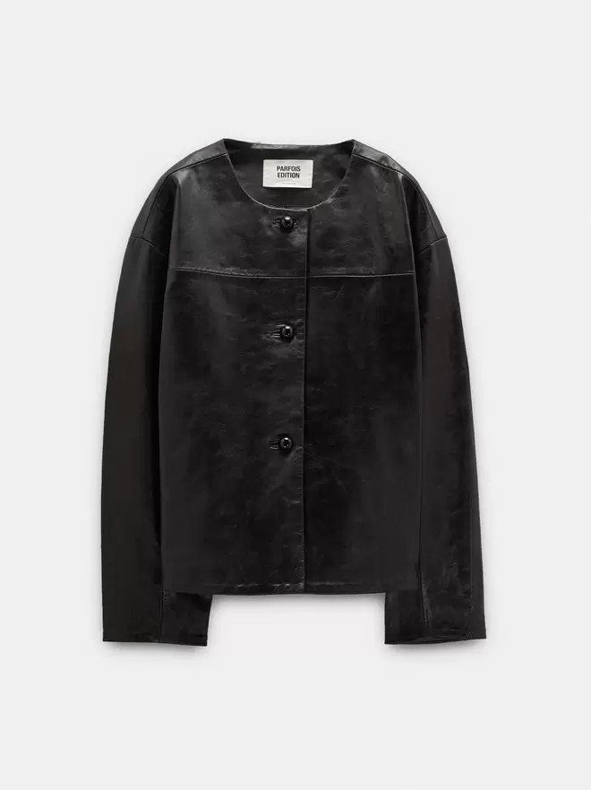 Leather jacket with mandarin collar