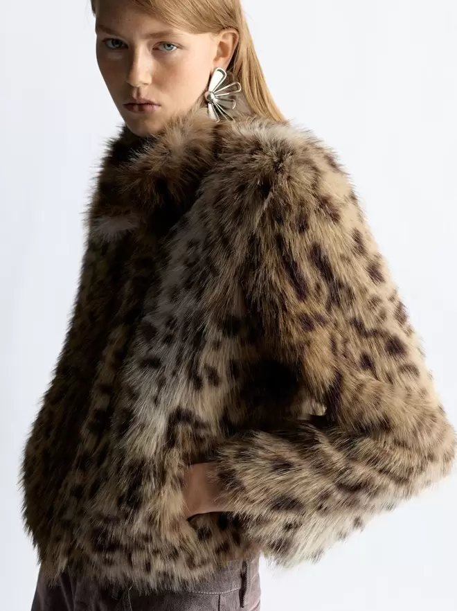 Faux fur-effect coat with animal print