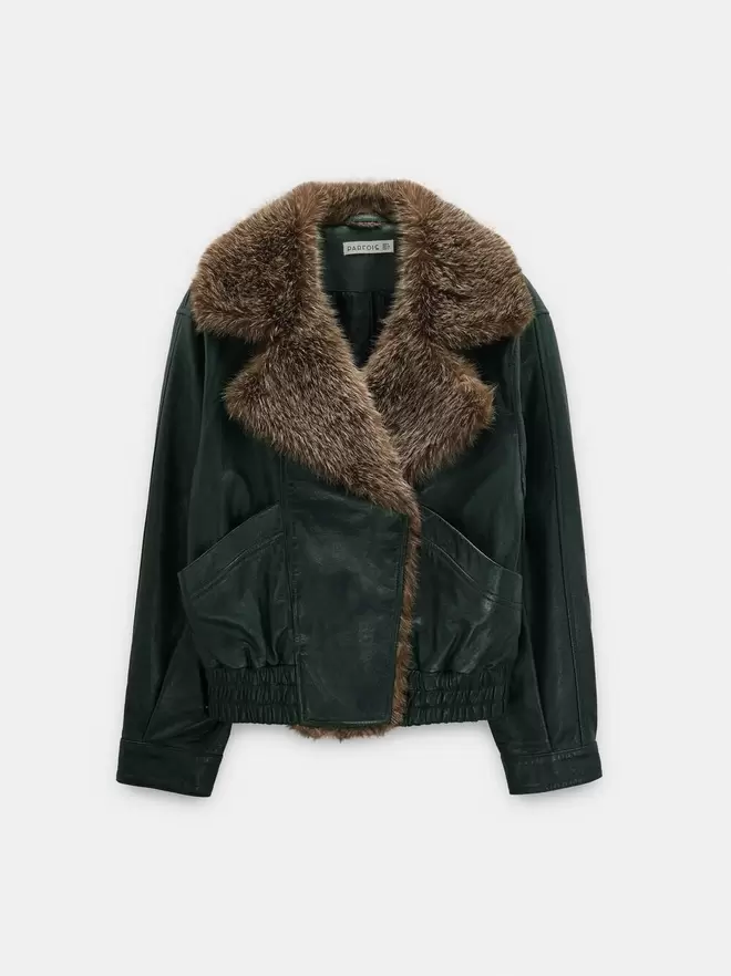 Leather jacket with fur-effect collar