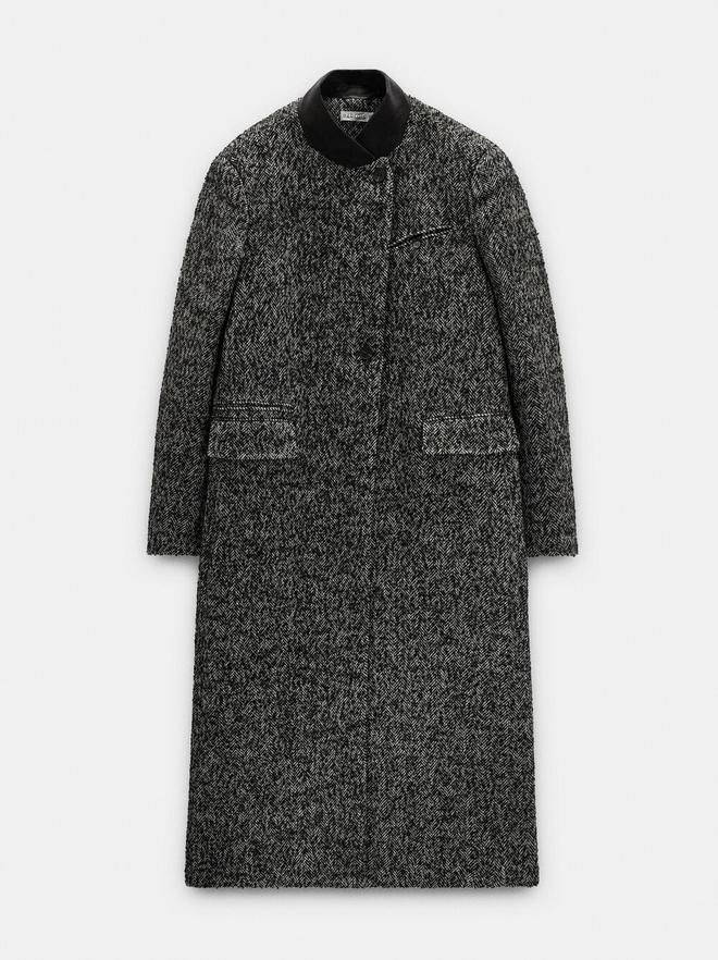 Long coat with herringbone pattern and wool