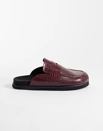 ASOS DESIGN penny loafer mules in burgundy croc