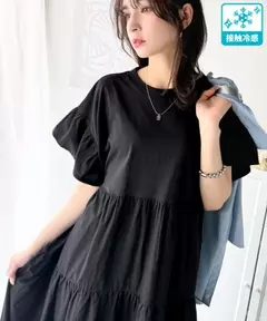 接触冷感春 夏 大活躍！布帛ドッキング袖フリルティアードワンピース(ロング丈)ce1050293